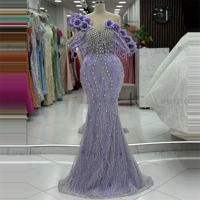 퍼플 파티 원피스 오프숄더 수제 꽃, 아랍어 이브닝 원피스, Abendkleider 크리스탈, 생일 약혼 가운, 맞춤형