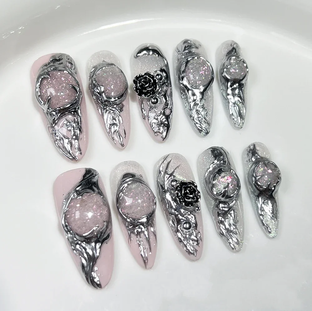 10Pcs Y2K Punk Style Handmade Long Stiletto Coffin Press On Nails Silver Magic Mirror Powder Flowers Butterfly Full Cover Nail