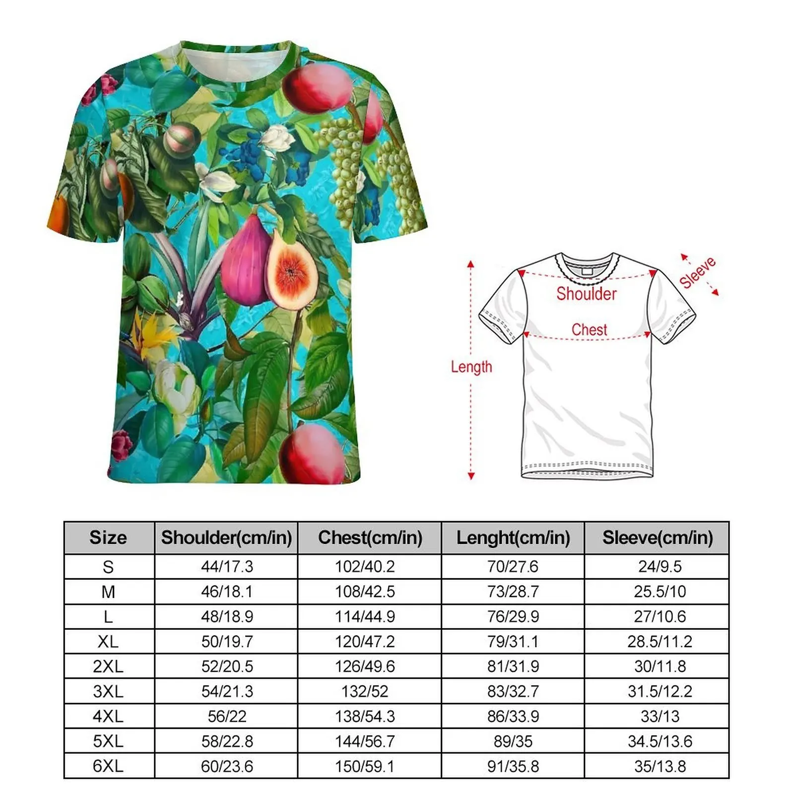 Tropical Floral Leaves T Shirt For Male Fruit Print O Neck T Shirts Harajuku Tops Short Sleeves Street Style Big Size Tee Shirt