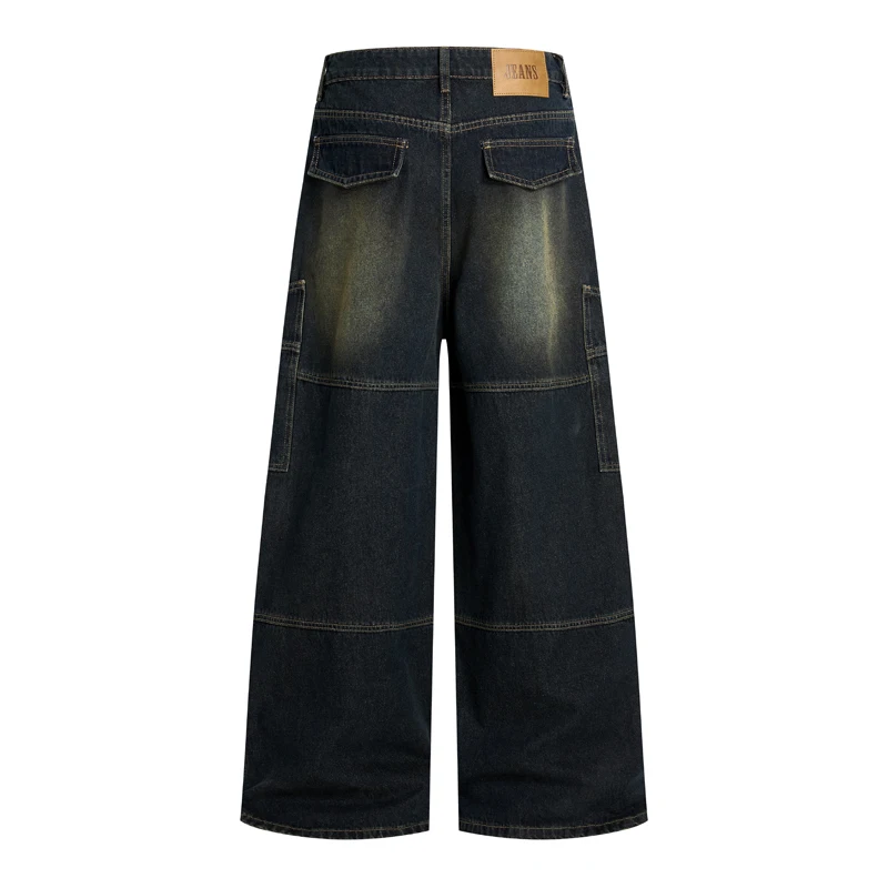 Style Black American Vintage Men's Jeans Patchwork Distressed Washed Pocket Spliced Design Straight Loose Cargo Pants FC2A