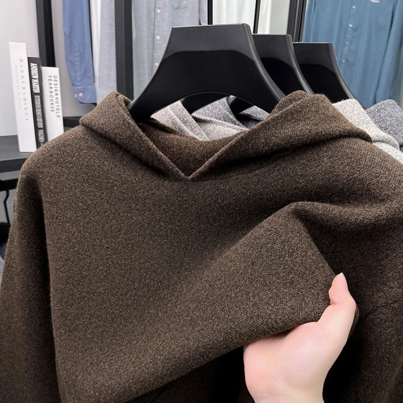 ​​Men's Heavyweight Knit Hoodie - Charcoal Gray (Light Gray/Coffee Brown) 5-Fiber Blend | Premium Quality​​