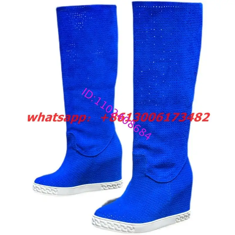 New Woman King Blue 8Cm Inner Heightening Hollow Net Boots Woman Round Toe 2 Ways Wearing Inner Wedge Knee High Net Boots