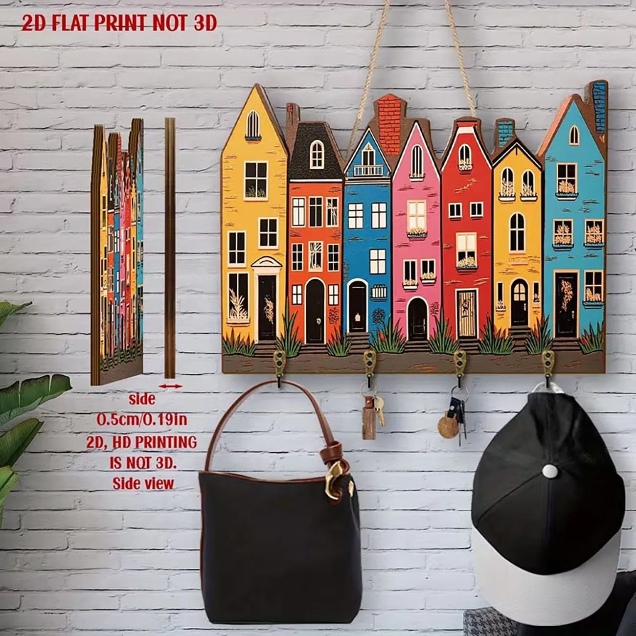 Colorful European Town House Wooden Key Holder Wall Decor With Four Metal Hooks 2D Flat HD Print Art