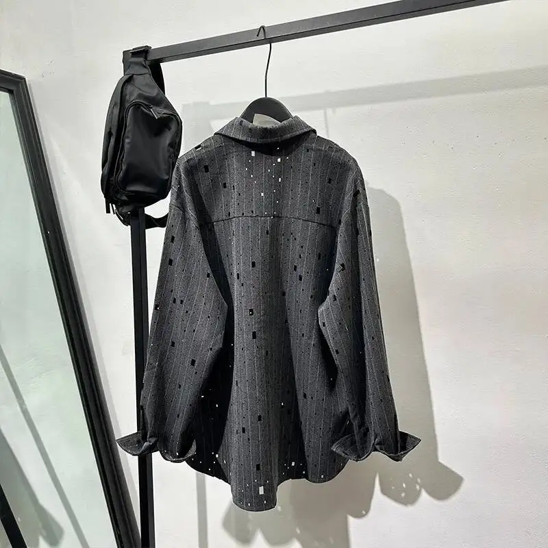 MWJLPWQ Dark Stripes Broken Holes Shirt Men's Niche Heat-Melting Rhinestone Design Loose Vintage Long-Sleeved Tops New 16615