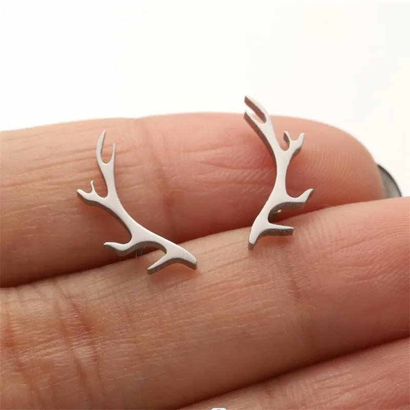 Trendy Cute Deer Horn Stud Earrings Stainless Steel Antler Earing for Women Small Animal Earings Fashion Jewelry Pendientes