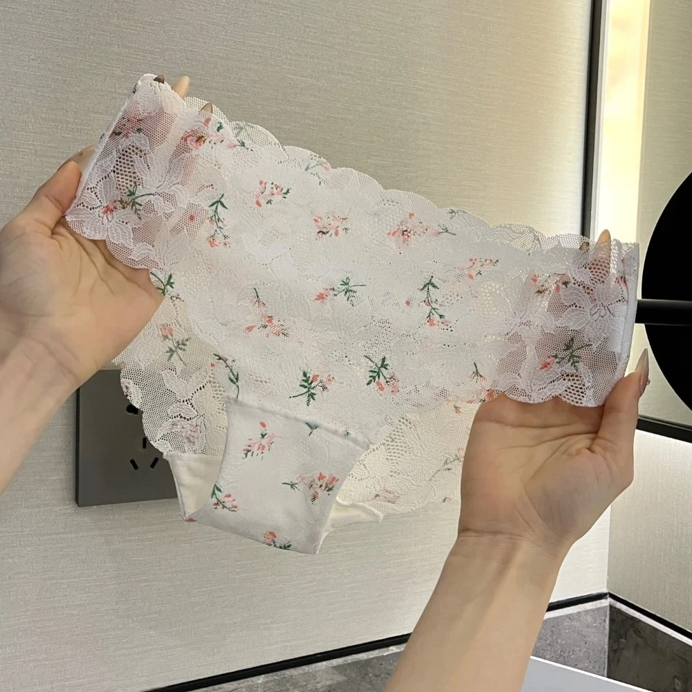 

Comfortable Seamless Lace Thin Panties Flower Transparent Underwear for Women Mid Waist Mesh Lace Briefs Summer