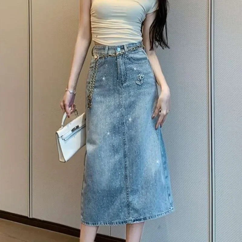 

Tight High Waist Wrap Female Jeans Skirts Midi Blue A Line Summer 2025 New in Aesthetic Modest Y2k Vintage V Women's Denim Skirt