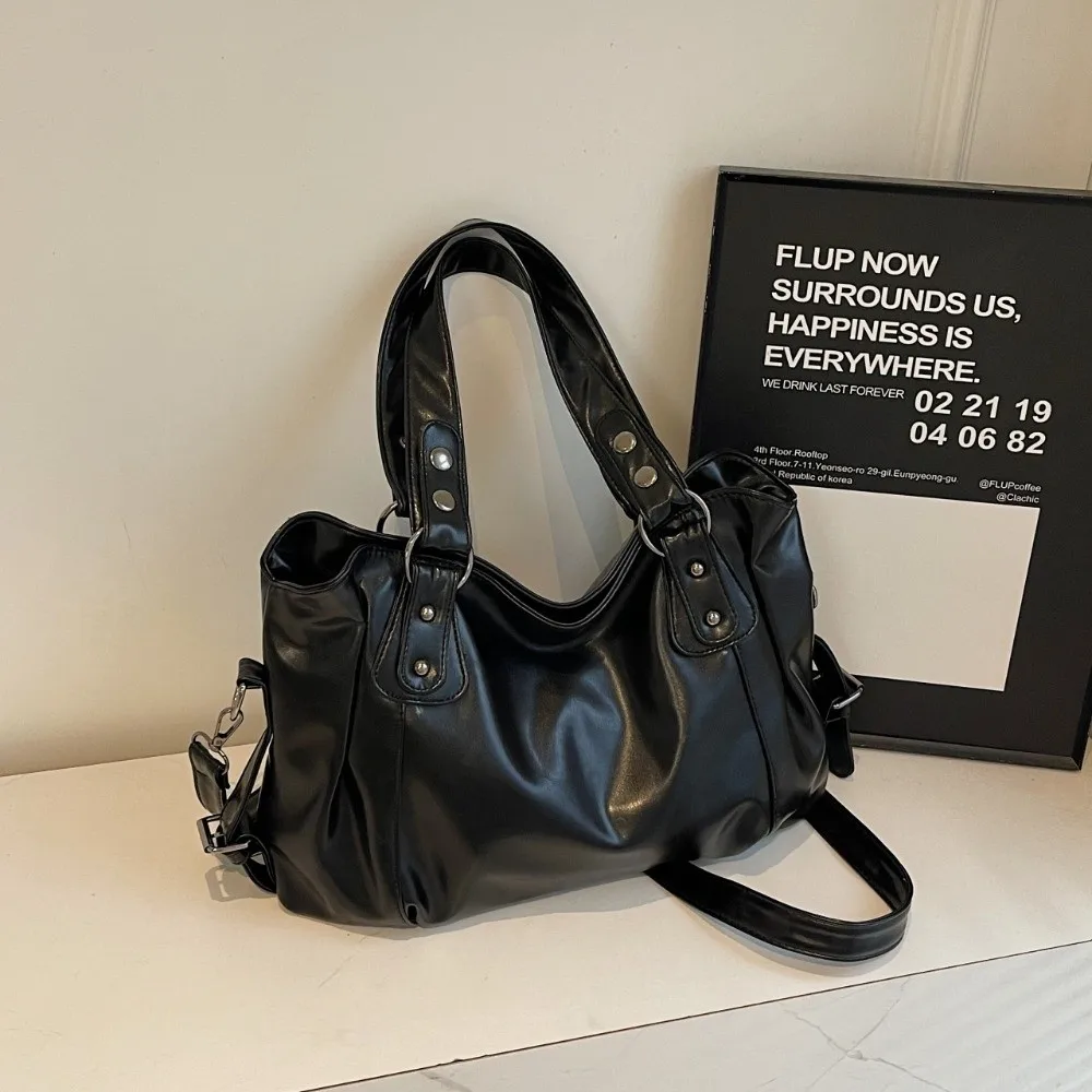 Vintage Large Capacity Soft PU Shoulder Bag Zipper Closure Sturdy Handle Handbag Solid Color Leather Look Tote Bag Casual