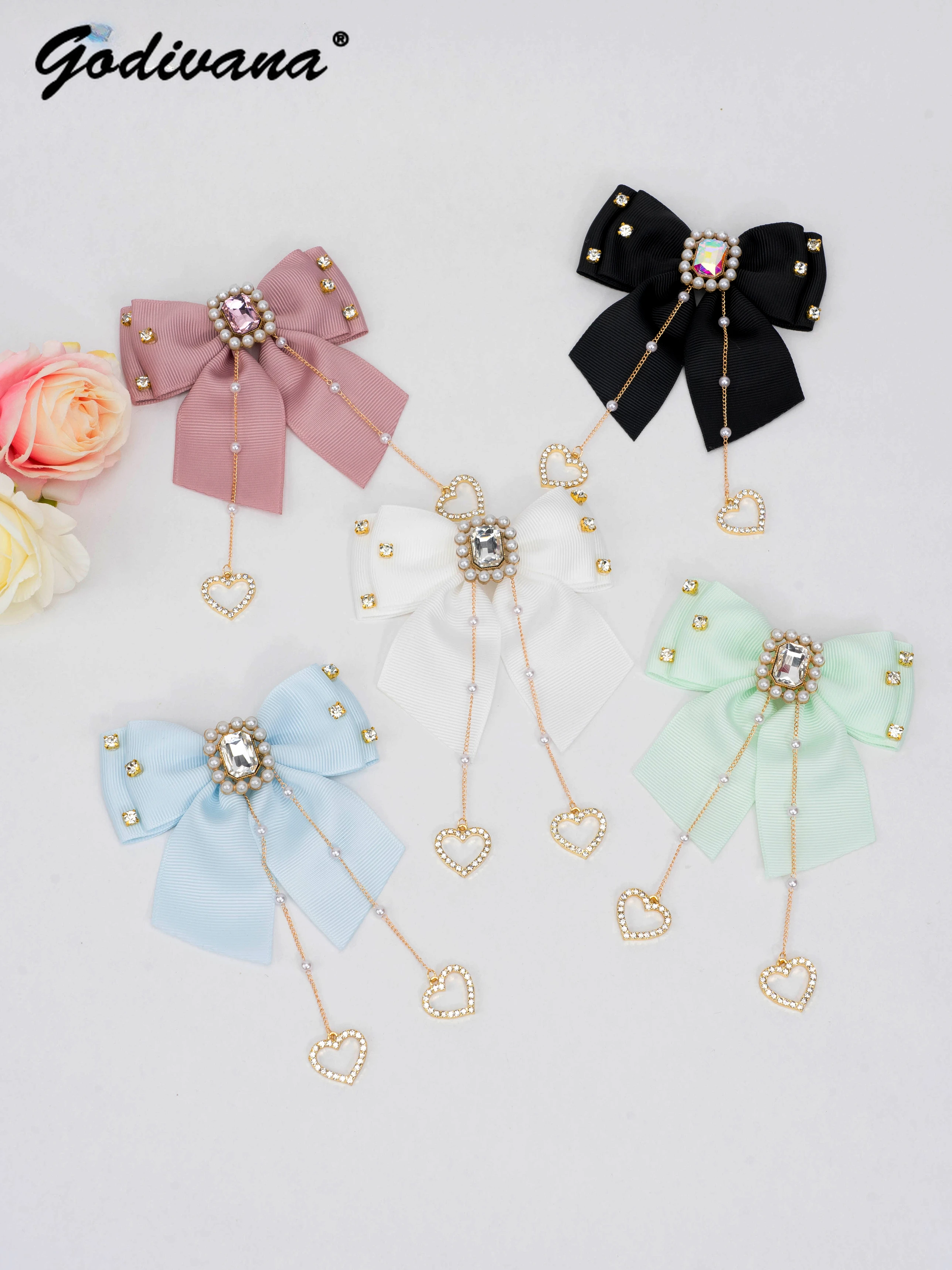 

Japanese Handmade Square Diamond Love Pearl Chain Tassel Bow Barrettes Side Clip Mass-Produced Headdress Sweet Cute Hair Clips