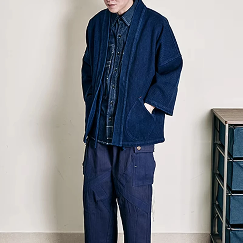 سترة كلاسيكية ثقيلة الوزن من النيلي للرجال من القطن Kendo بدلة قماش الخريف للرجال بجيوب فضفاضة مصبوغة باللون الأزرق سترة غير رسمية معطف سترة صوفية #3