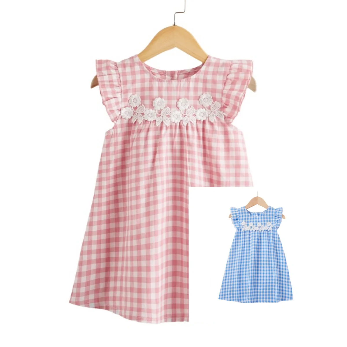 Summer Kids girls Fresh sweet pink plaid fiori ricamati gioca con maniche volanti abito semplice e traspirante confortevole