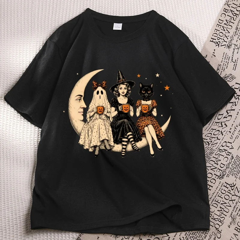 Halloween Girl Squad Printed T Shirts Funny Vintage Witch Ghost Cat Moon T-shirt Spooky Season Fall Graphic Tshirt Woman Clothes