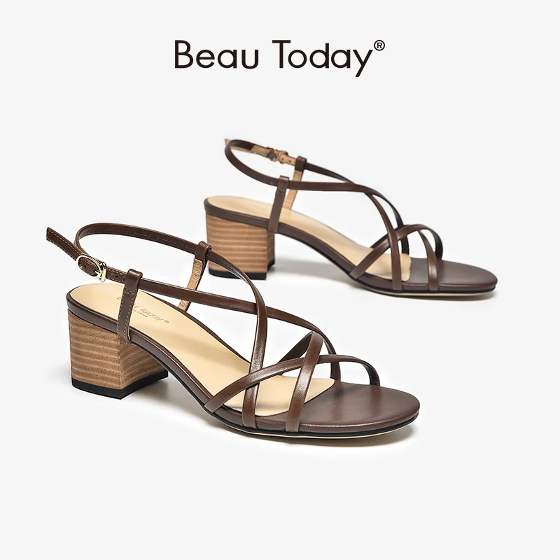 

BeauToday Gladiator Sandals Women Genuine Cow Leather Narrow Band Slingback Buckle Strap Lady High Heel Shoes Handmade 31222