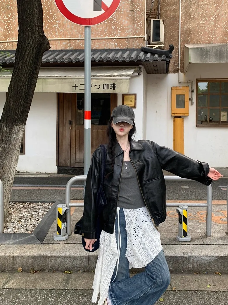 

Kumikumi Women's Black PU Leather Jacket Collar Loose Fit Slimming Spring Fashionable Versatile Long Sleeve Top