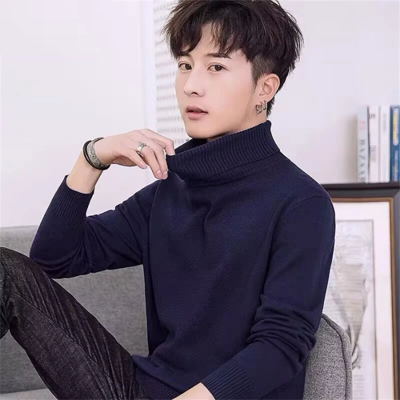 

Fashion Men Autumn Winter Solid Color Thin Knit Sweater Men Long Sleeve Turtleneck Pullover Male Warm High Neck Knitwear M-4XL