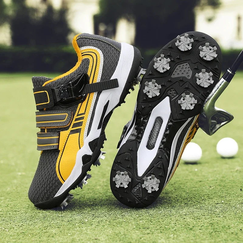 chaussures-de-golf-professionnelles-unisexes-avec-goujon-baskets-d'exercice-de-golf-baskets-de-golfeur-pointes-jaune-rouge-hommes-femmes