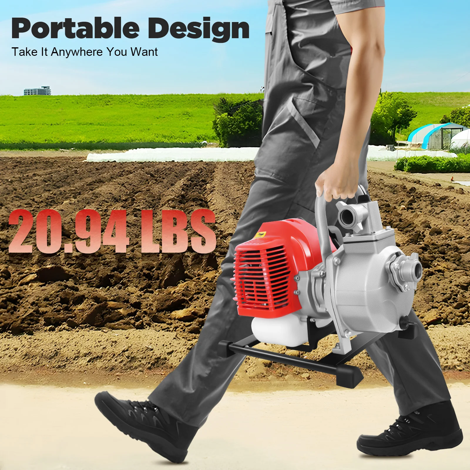 Portable  2-Stroke Gasoline Water Transfer Pump, 1 Inch 1250W 26ft Suction Height with 2m Inlet Pipe for Garden/Farm/Irrigation