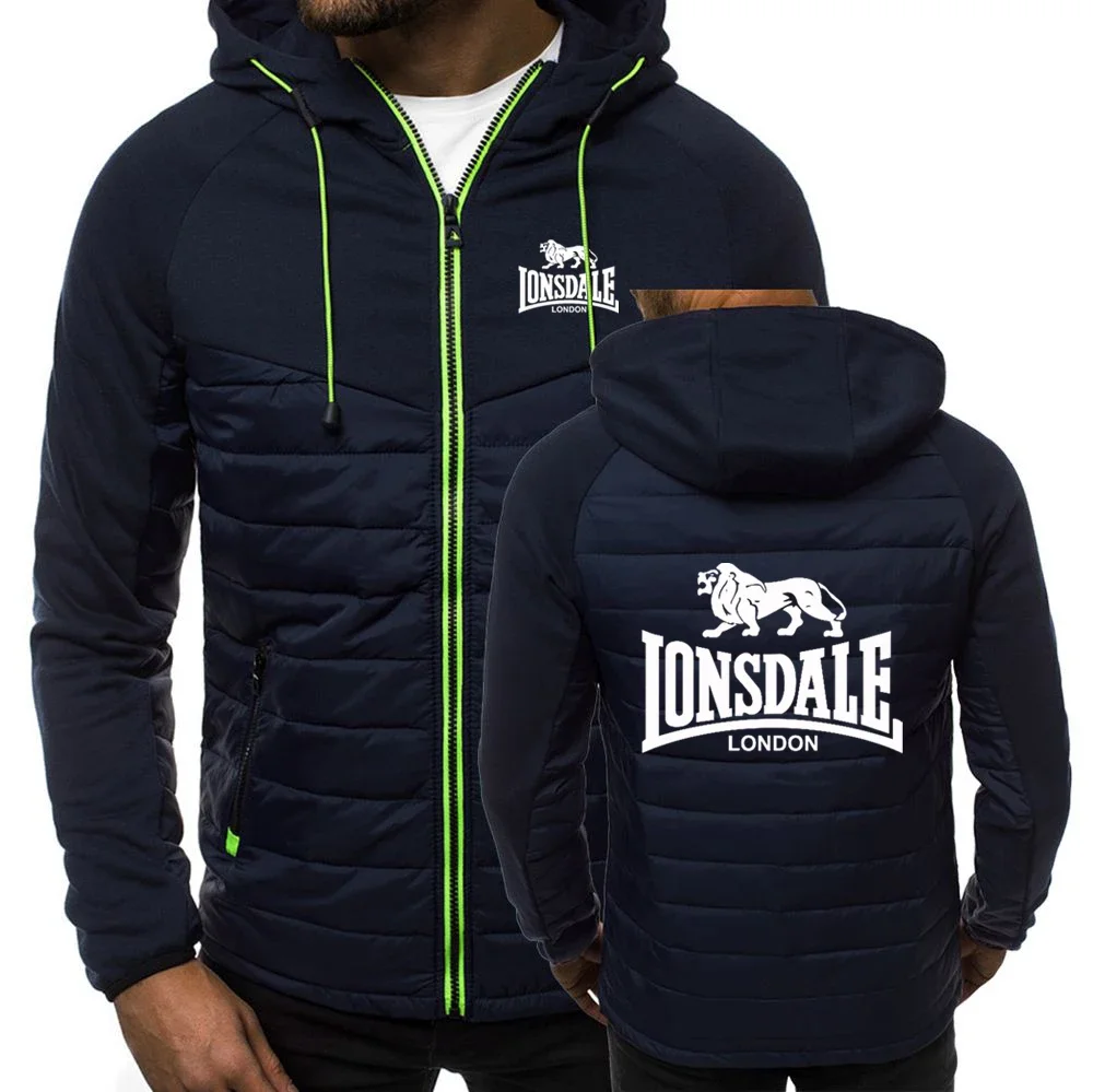 Men New Winter Lonsdale Hooded Cotton Jacket Casual Fashion Slim Fit Patchwork Zipper Coat Long Sleeves Keep Warm Man Clothes