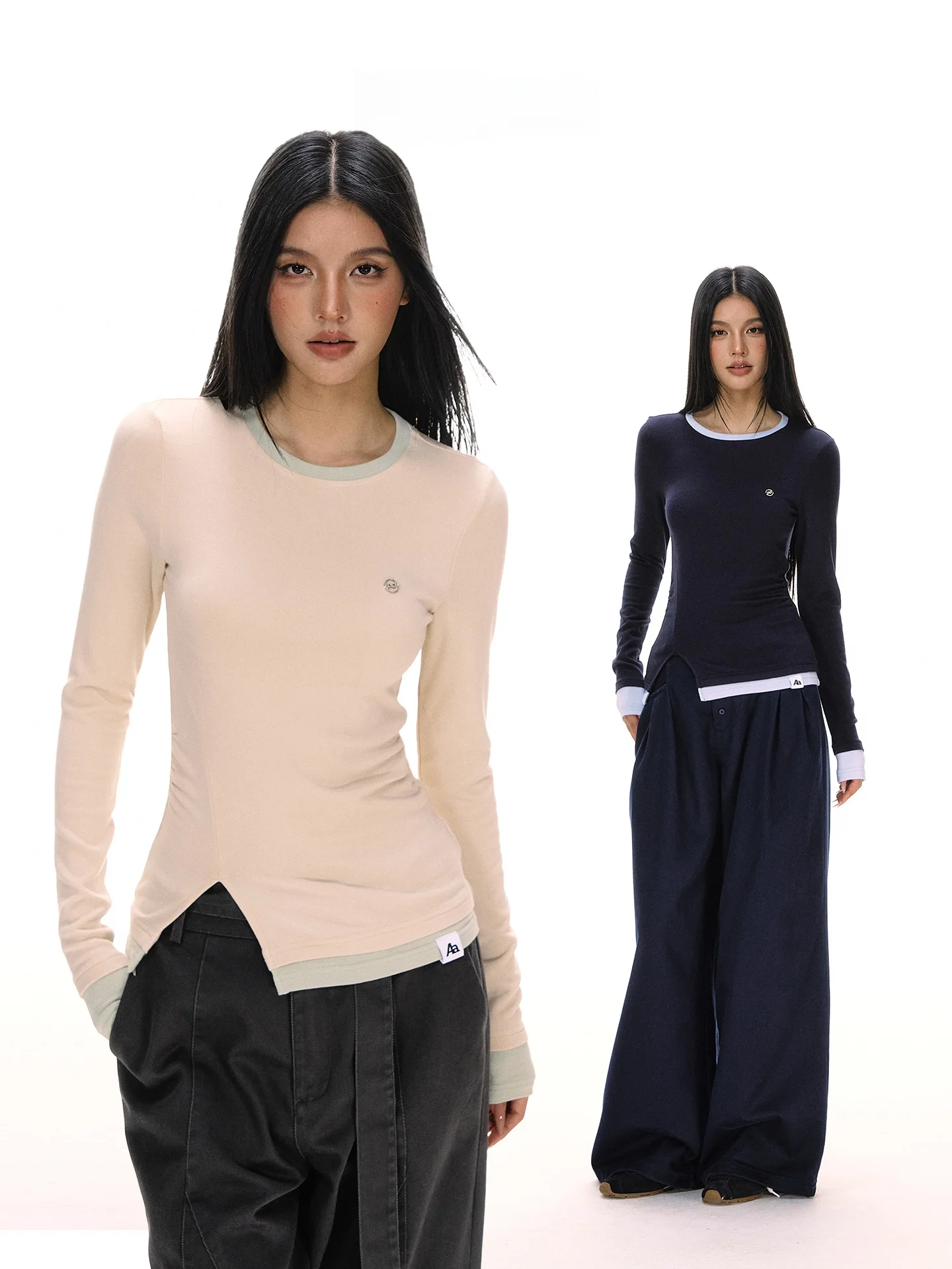 

ACME AURA Американская ретро-футболка с длинным рукавом для женщин, осенне-зимняя новинка, с эффектом двухслойности, плиссированный базовый топ