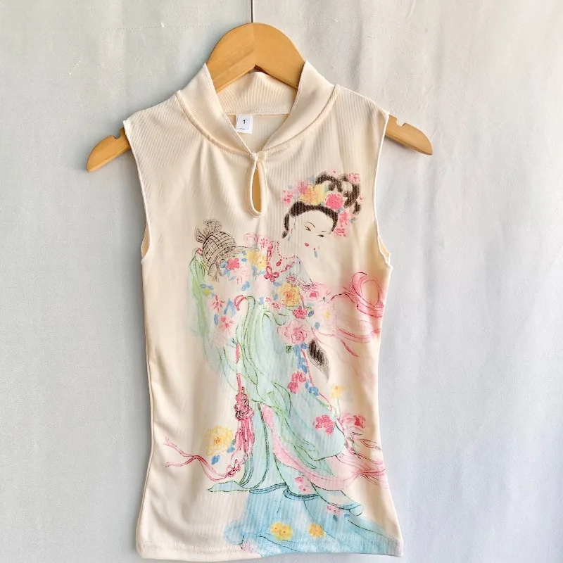Kimotimo Chinese Style Printed Women Tank Top Vintage Stand Collar Slim Fit Crop Tops Summer Fashion Y2k Aesthetic Camis Vest