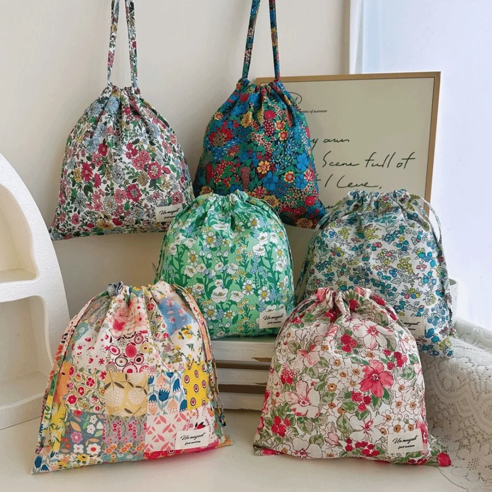 New Reusable Floral Drawstring Bag Lightweight Vintage Style Cotton Drawstring Bag Flower Storage Bag Travel Organizer