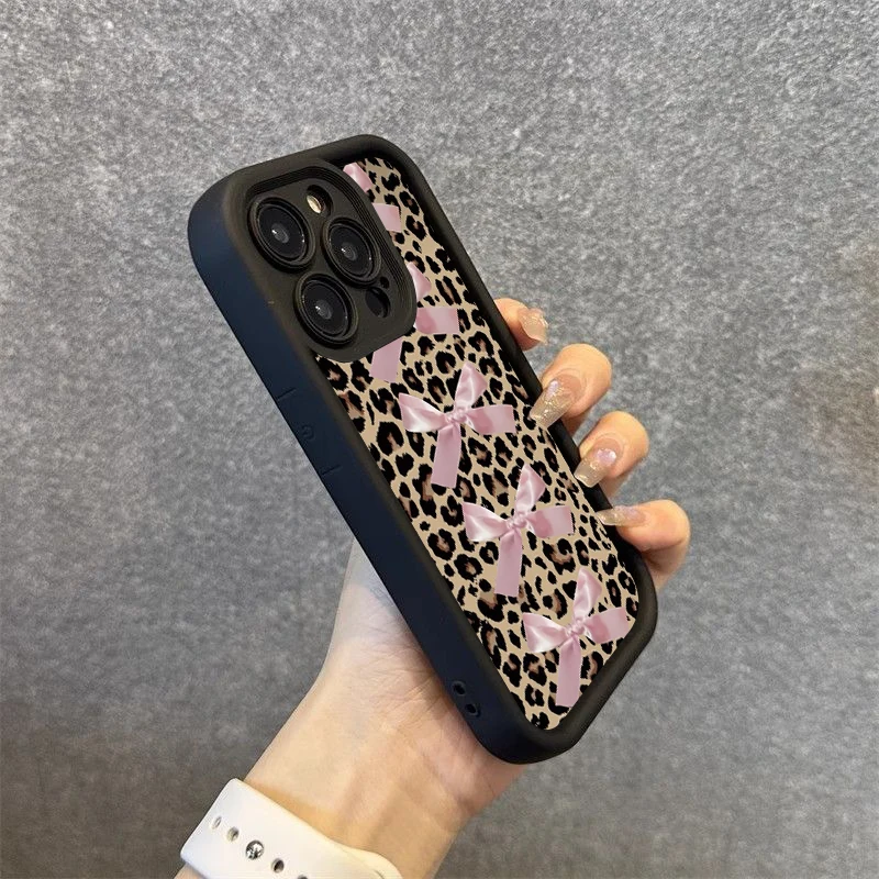 Leopard Print Pink Bow Phone Case For Samsung Galaxy S25 S24 S23 S22 S21 Ultra FE Plus A53 A35 A34 A33 A25 A24 A16 Soft Cover