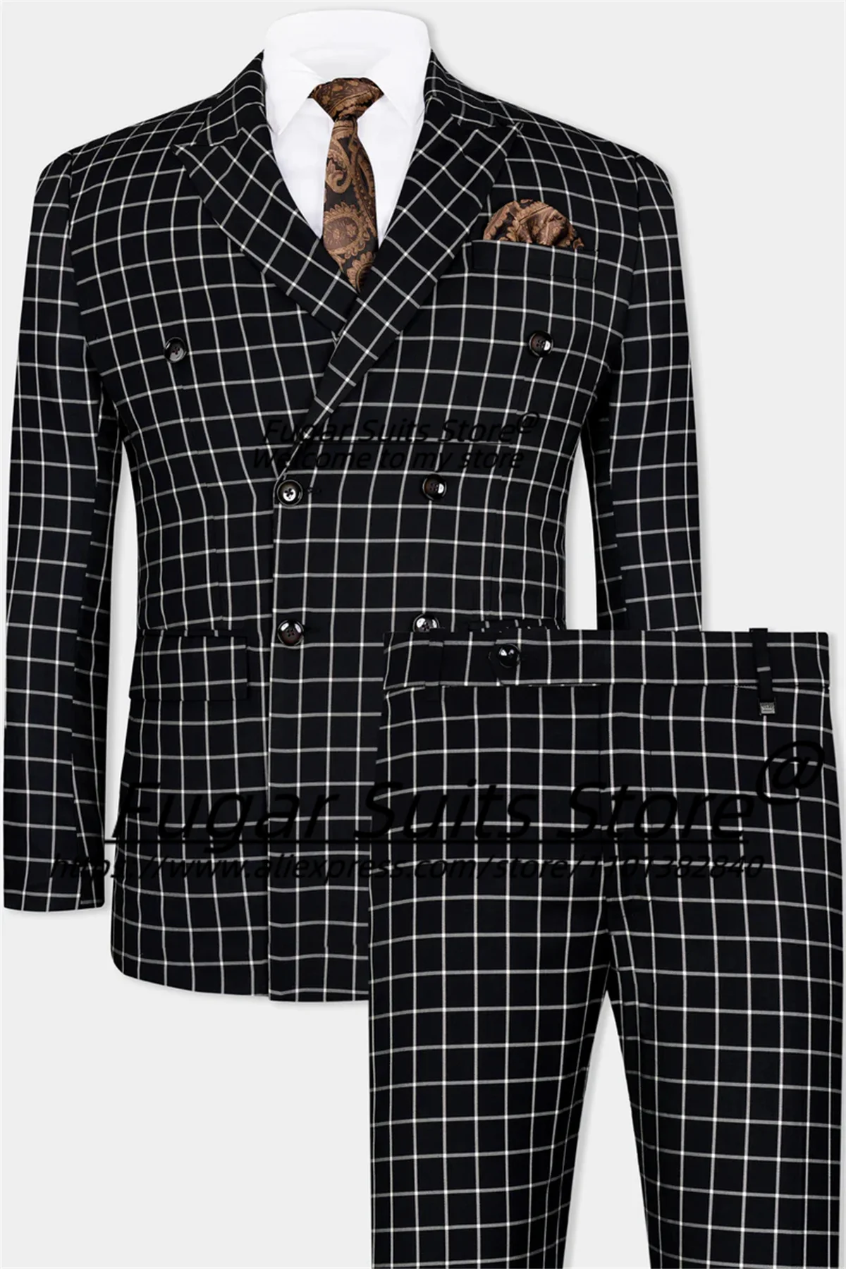 

Business Black Background and White line Small Grid Men Suits Slim Double Breasted 3 Pcs Sets Business Male Blazer Ropa Hombre