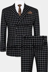 Business Black Background and White line Small Grid Men Suits Slim Double Breasted 3 Pcs Sets Business Male Blazer Ropa Hombre