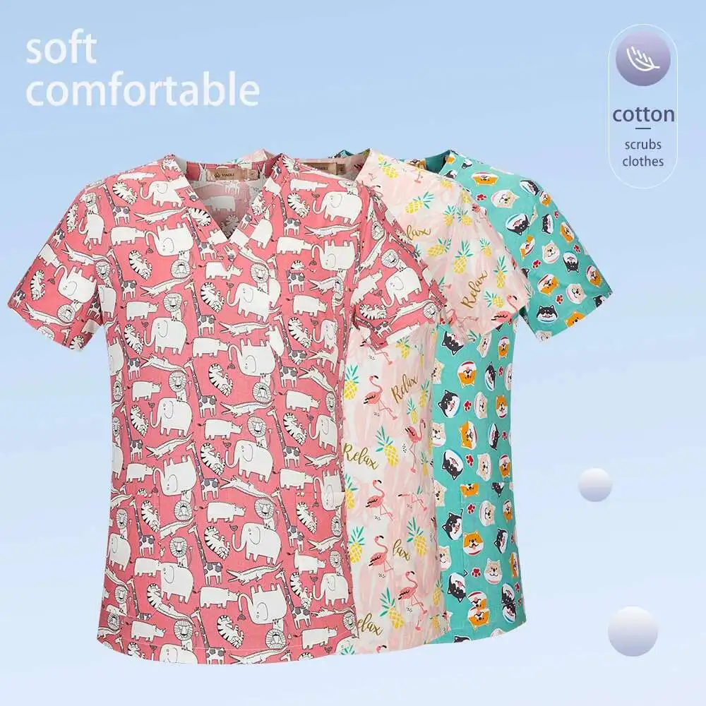 100% Cotton Cartoon Printing Scrubs Tops Pet Grooming Work Uniform Beauty Salon Workwear Health Service Costume Women Lab Coat