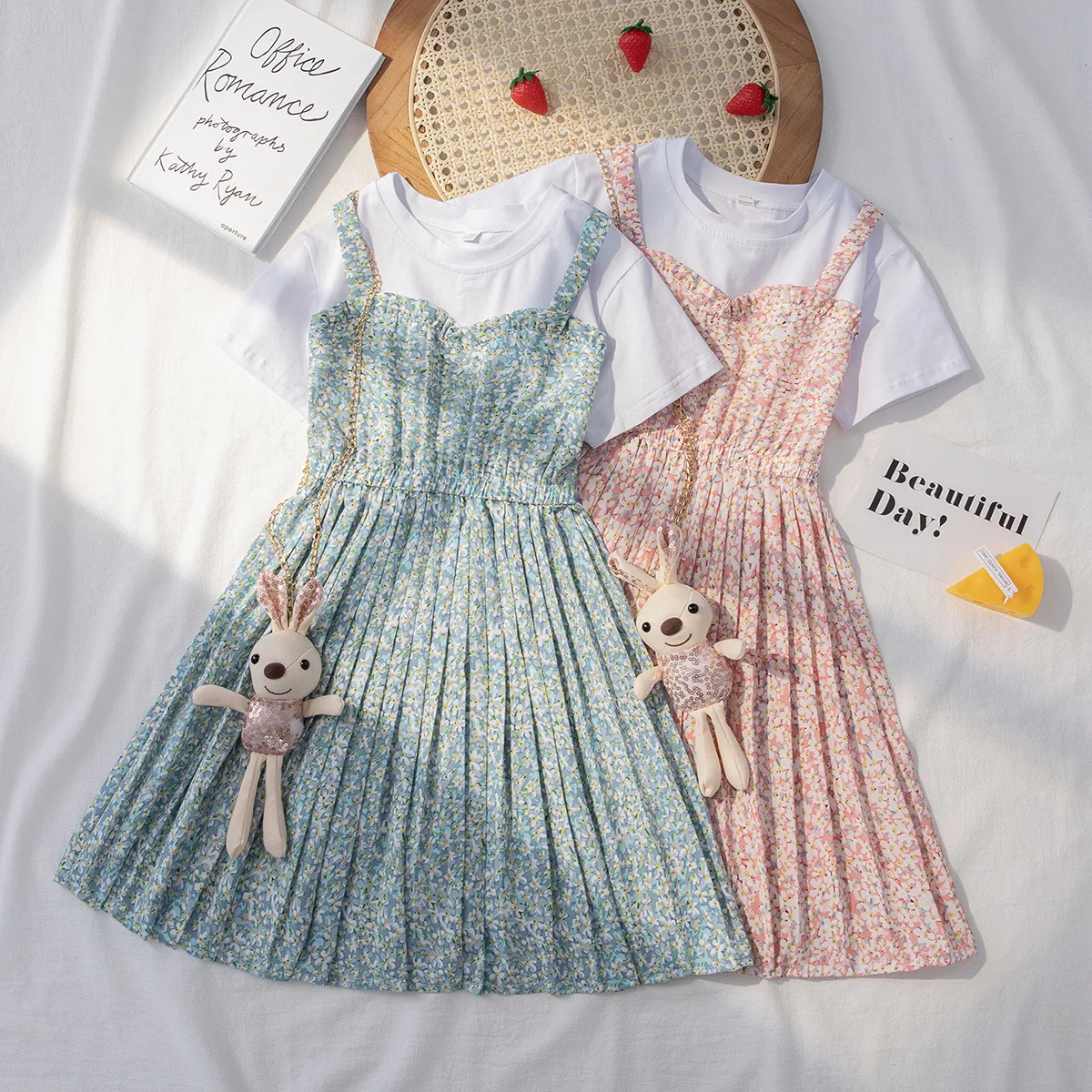 

Корейское летнее цельнокроеное платье для девочек-подростков, цветочное плиссированное платье без бретелек, детское платье для девочек