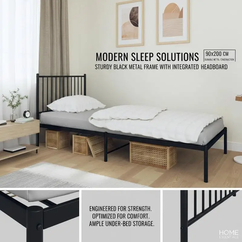 Cadre de lit noir en métal 90x200 cm avec tête de lit, lit simple moderne avec structure métallique solide, sommier métallique durable, cadre de lit adulte au design minimaliste pour chambre, maison, appartement