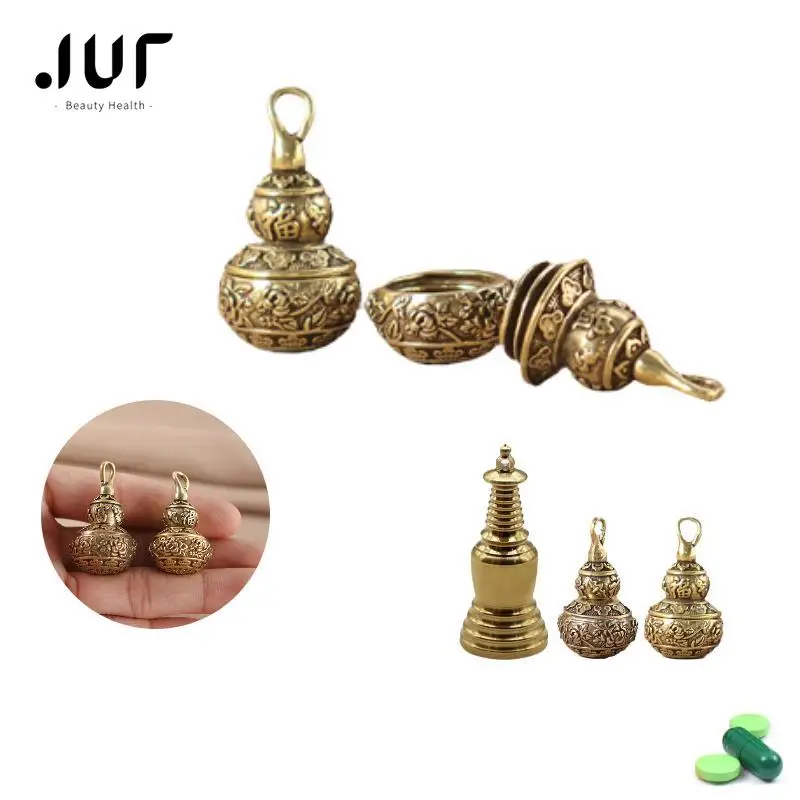 Mini Brass Chinese Letter Blessing Lotus Gourd Charm Copper Lucky Car Key Chain Pendant Pill Box Medicine Case Container Bottle