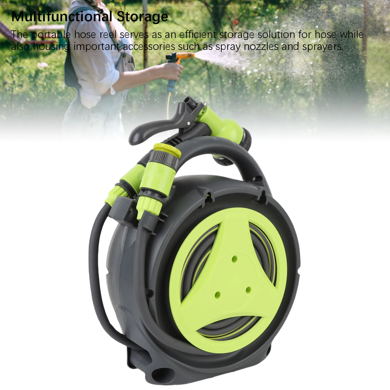 Portable Water Hose Reel Multifunctional Space Saving Hose Reel 39.4ft Water Hose High Efficiency Spray Nozzle for Garden
