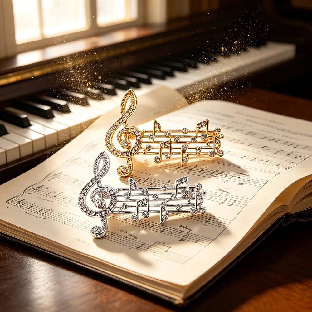 Musical Note Treble Clef Brooch, Rhinestone Crystal Music Staff Lapel Pin, Gold Silver 2‑Pack Jewelry Gift for Music Lovers