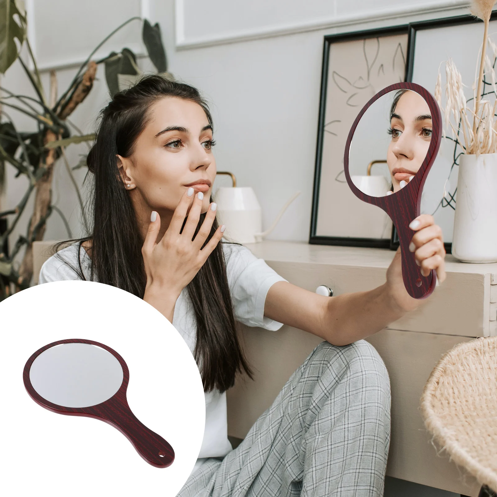 

1 pcs Premium Wooden Handle Round Makeup Clear Ergonomic Beauty Women Mirror Makeup Brush Holder Vanity Mirror
