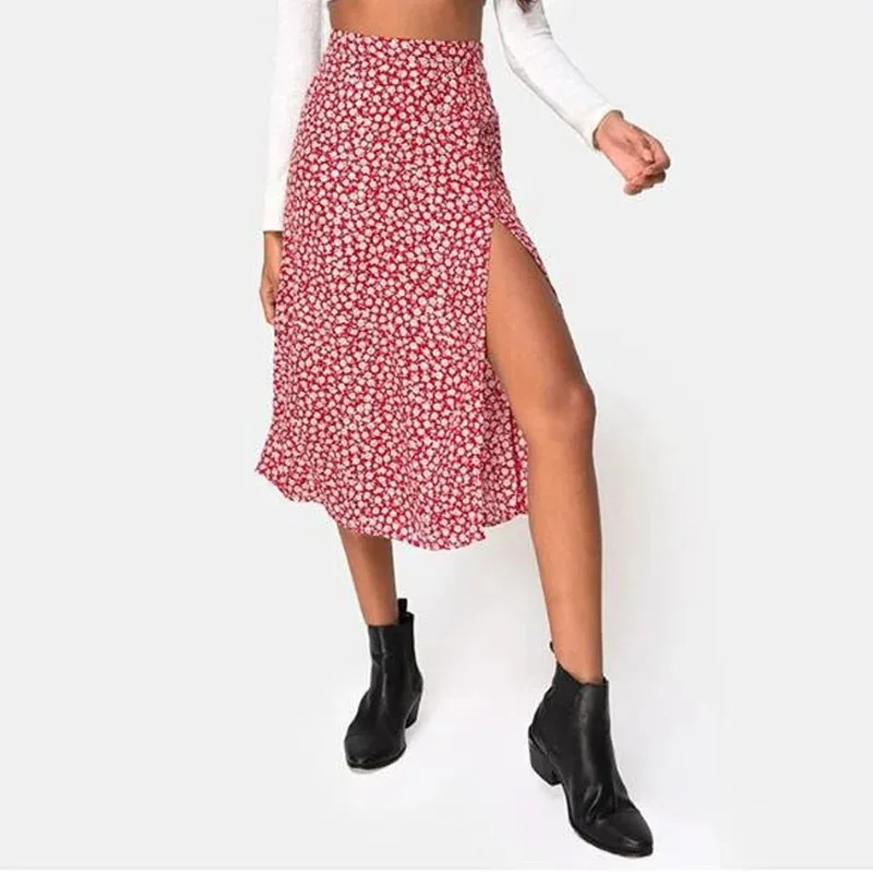 Women's High Waist Leopard Floral Polka Dot Printed High Waisted Stretchy Split Long A-line Skirt for Spring and Summer Season