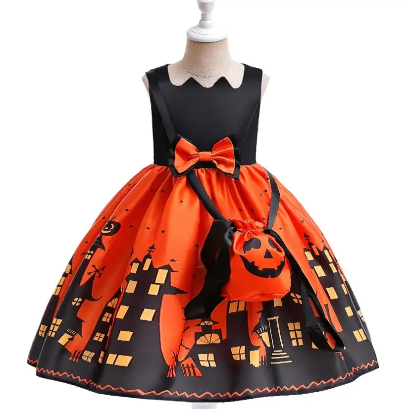 

New Girl's Halloween Themed Dress Cartoon Print Satin Dresses Children's Halloween Cosplay Costume For 3-8 Years Old