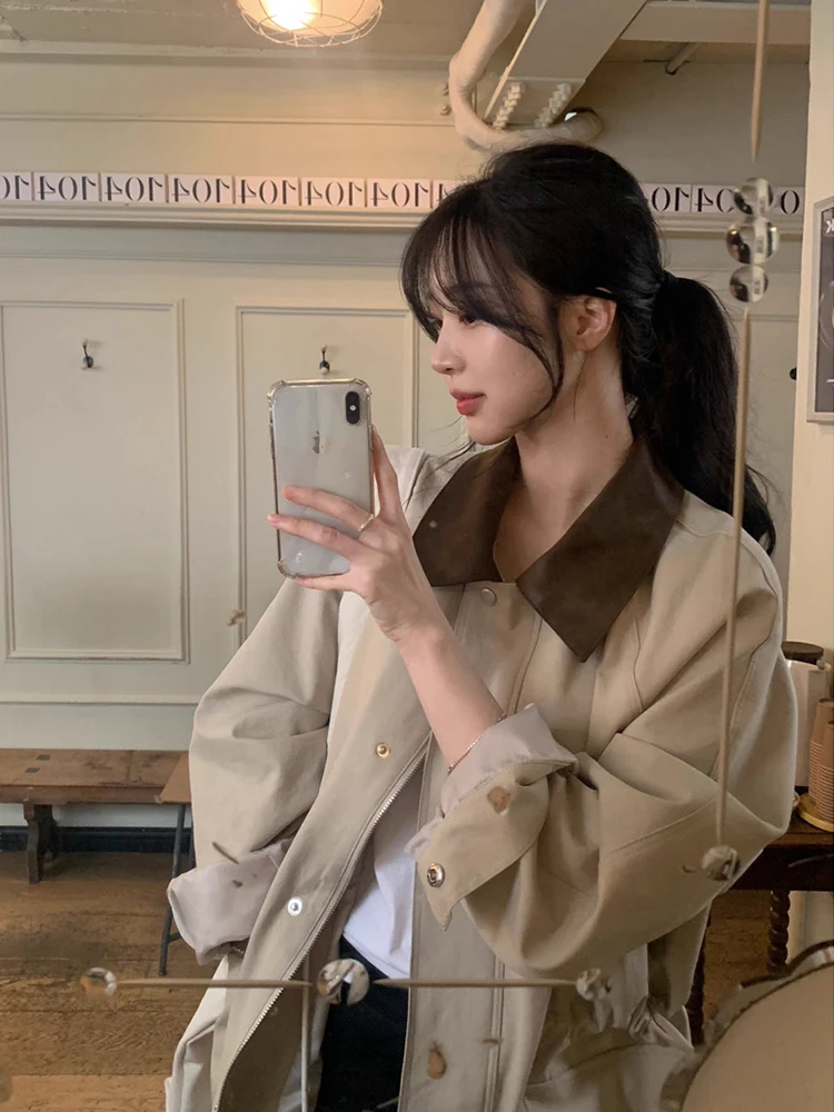 

Chic Autumn New Retro Color Blo Collar Jaet Women's Long Sve Coat with Big kets Dstring Design Commute Sle