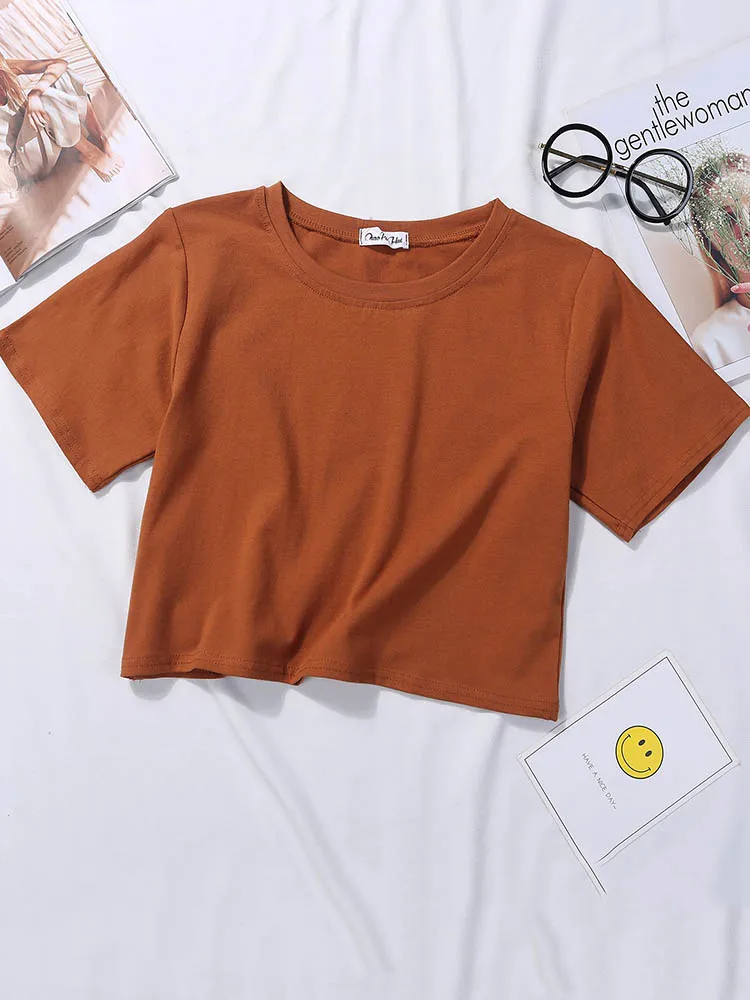 Summer Short Sleeve T Shirts Women Cotton Solid T-shirt O Neck High Waist Crop Top Tee Female Casual Loose T Shirt