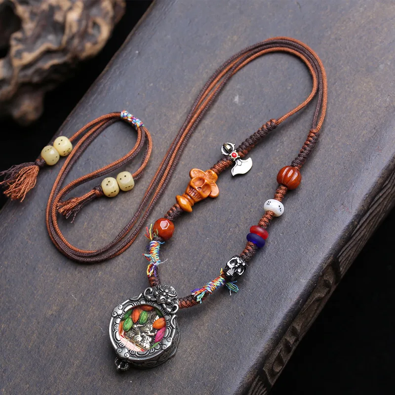 Hand-Woven Rope Necklace, Yak Bone, Shitolin , Agate, Glass Beads, Gau Box, Yellow Wealth God Pendant, Clavicle Chain