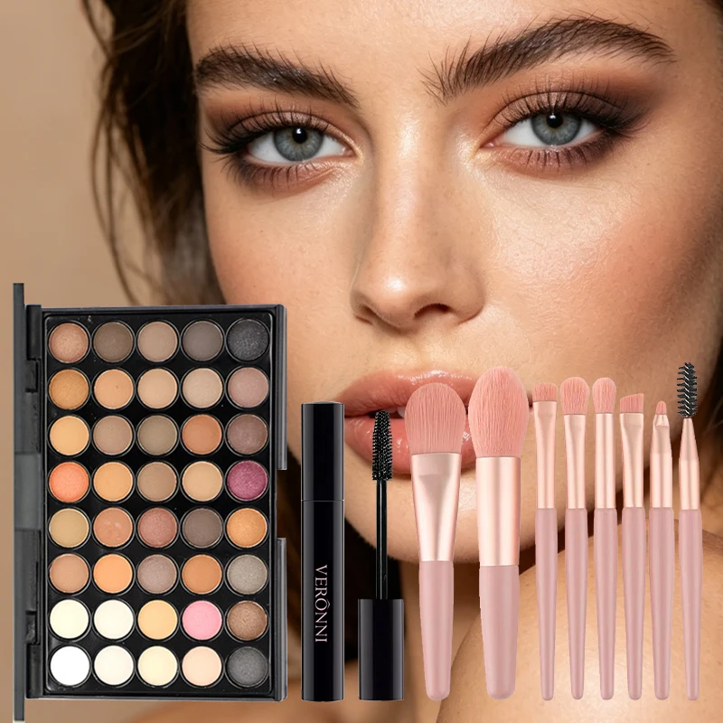 40‑Shades Neutral Eyeshadow Makeup Gift Kit with Lengthening Mascara & 8Pcs Makeup Brushes, Matte Shimmer Eye Set for Beginners
