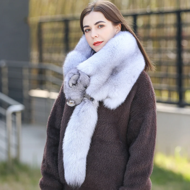 Real Fox Fur Scarves Shawl Winter Women Thickened Warm Whole Fox Fur Scarf Fashion Large Fur Shawl Female Warm Long Scarf