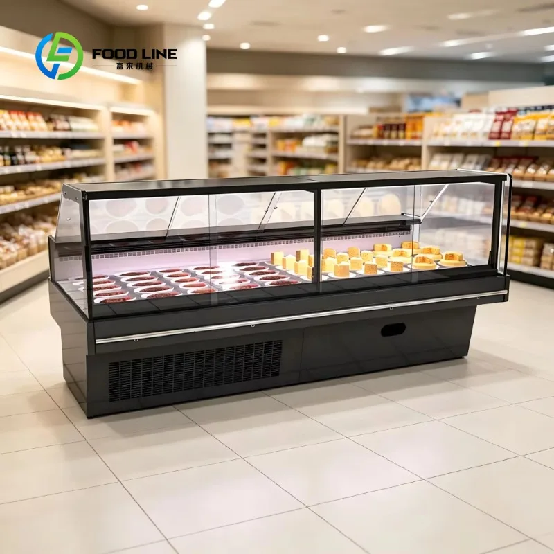 Custom Made Straight Flat Glass Display Cooler Commercial Meat Sausage Ham Refrigerated Showcase for Supermarket Fresh Food