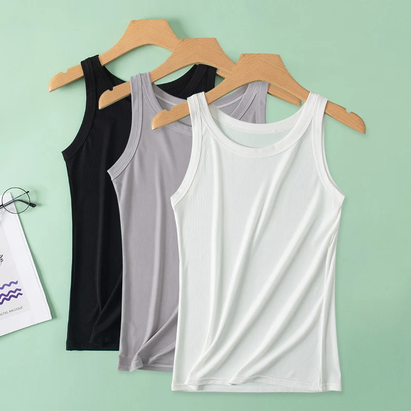 Four Season Women's Solid Color Versatile Round Neck Wide Shoulder Strap Vest Fashionable Sports Slim Fit Base Shirt Casual Top