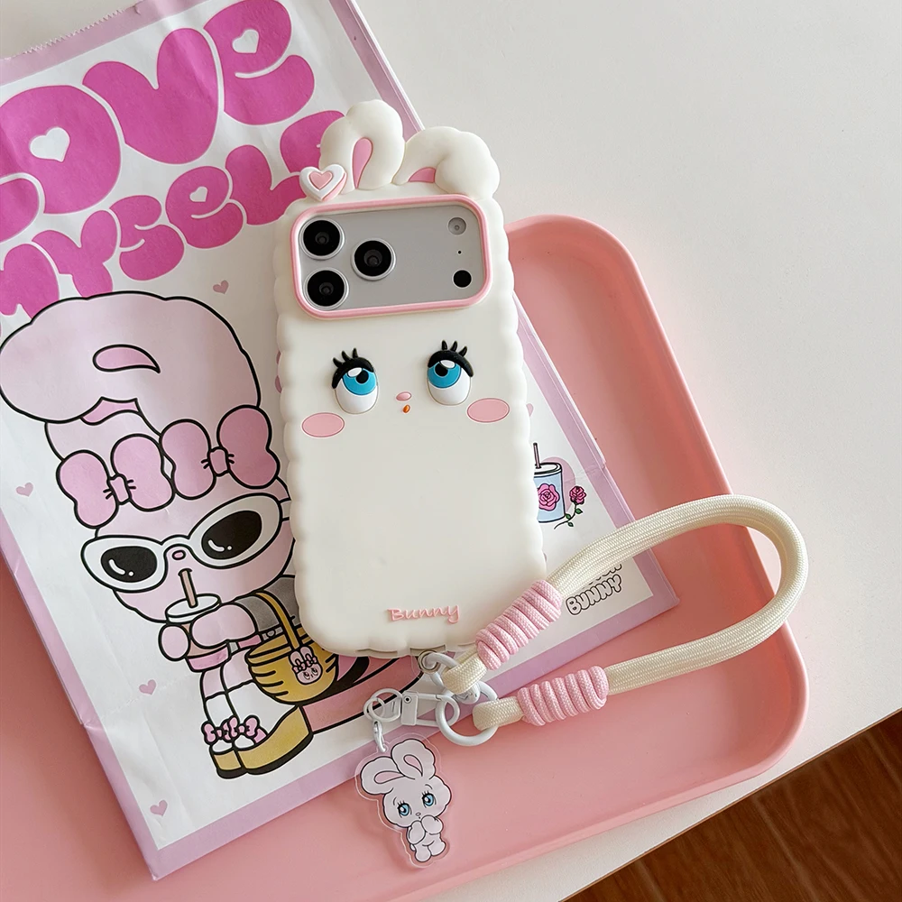 Kawaii 3D Cartoon Hasen-Handyhülle aus weichem Silikon für iPhone 16 17 18 Pro Max, niedliche, stoßfeste Rückseite mit Trageband, Fundas – Detail 9