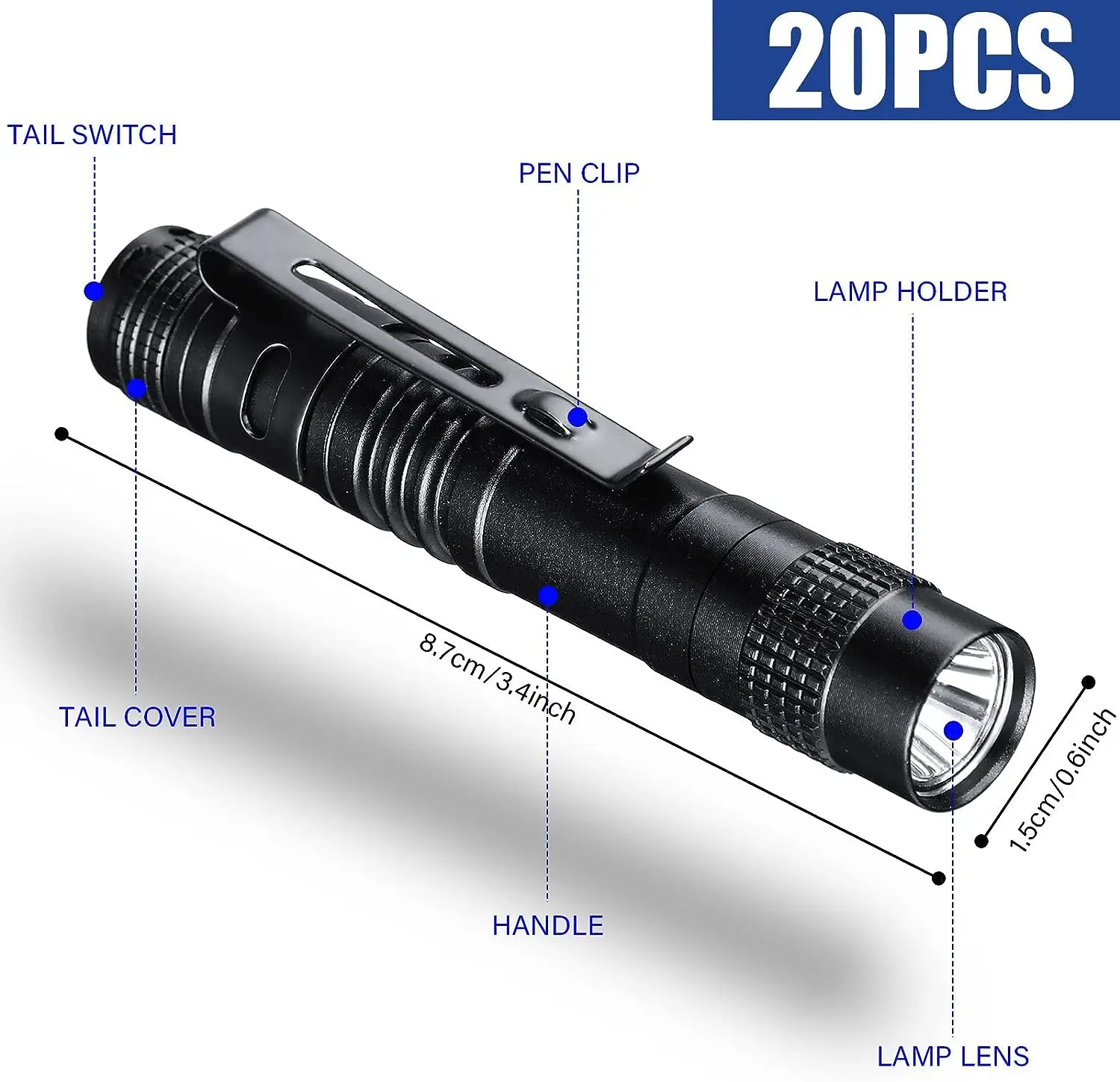 20Pcs Mini Pen Light Pocket Flashlights Nurses Torch with Clip Small LED Handheld Slim Lanterns for Outdoor Without AAA Battery