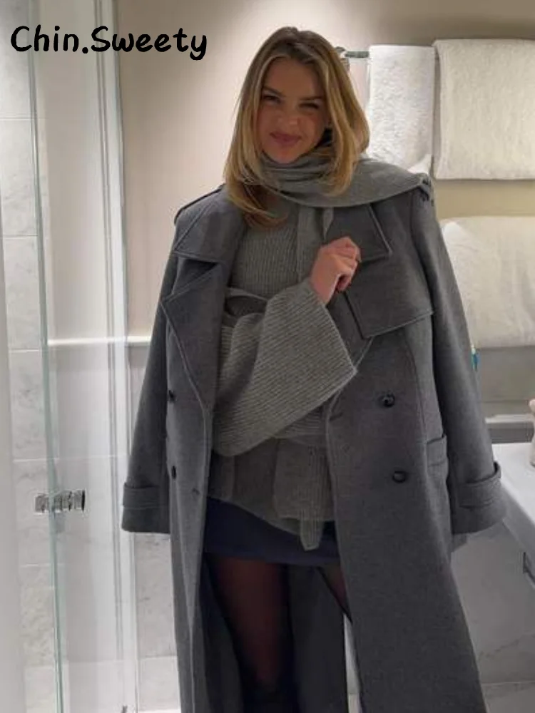 

Elegant Women's Double Breasted Long Trench Coat With Belt Lapel Full Sleeve Pockets Overcoat 2025 Autumn Winter Lady Outwear