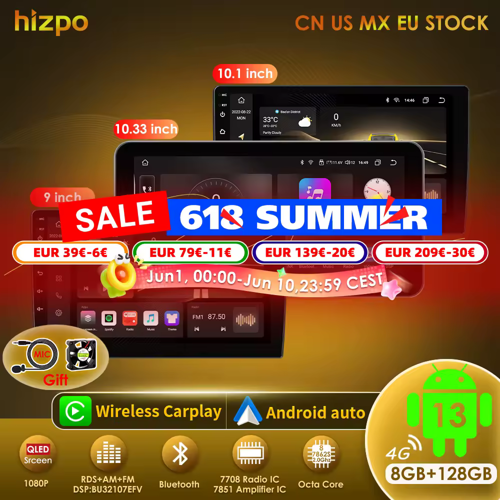Hipzo רדיו אוניברסלי 2din 9 "10" 10.33 "קרפליי אוטומטי אנדרואיד עבור toyota volkswagen היונדאי קיה ניסן הונדה