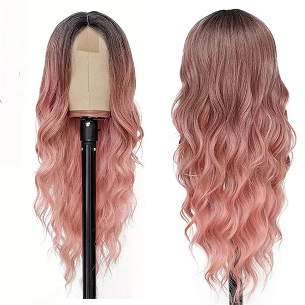 Ombre Pink Wavy Middle Part Wig For Women, 26 Inch, Synthetic Fiber Wig For Daily Party Use, Halloween Christmas Festival