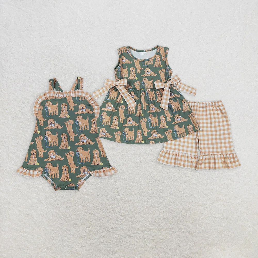 

SR2986 Wholesale Summer kids clothes boys Puppy brown plaid lace bow green vest Romper Newborn Boutique boys baby rompers